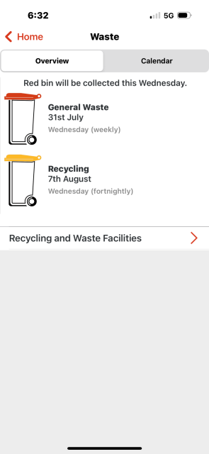 My Local Service App screen - Waste